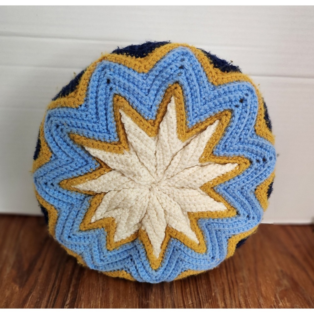 Hand Crochet Pillow Starburst Blue White Gold 13x3 Vtg Grandmacore Cottagecoreβ